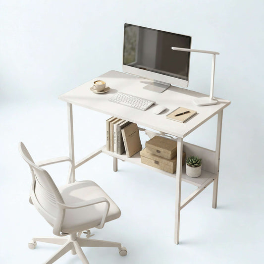 Modern Study Desk with Storage Shelf – Minimal Office Table for Home & Office featuring a sleek design and organized workspace.